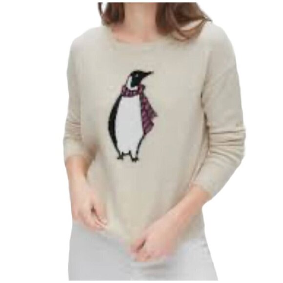 Gap Sweater Women LT Tan Penguin Novelty Fuzzy Preppy Old Money Classic Retro - Picture 1 of 9